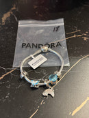 Bracelete Pandora Prata com Berloques Azul Céu Brilho Prata 17 CM - Pronta Entrega