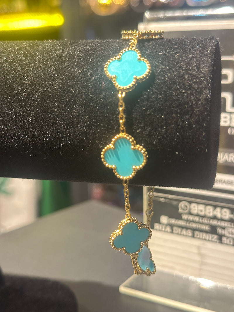 Pulseira Van Cleef Dourada Trevos Azul Marinho 18 + 6 CM - Pronta Entrega