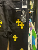 Calça Jeans Preta Chrome Hearts Cruzes Amarelas - Pronta Entrega