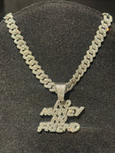 Corrente Cravejada Pingente “No Money No Friend” Em Zicornia Cubica Prata 45 CM - Pronta Entrega