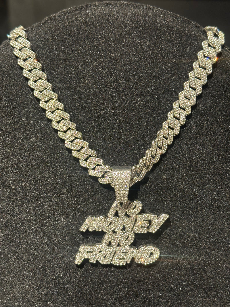 Corrente Cravejada Pingente “No Money No Friend” Em Zicornia Cubica Prata 45 CM - Pronta Entrega