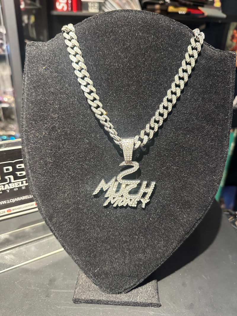 Corrente Cravejada Pingente “2 Much Money” Em Zicornia Cubica Prata 45 CM - Pronta Entrega