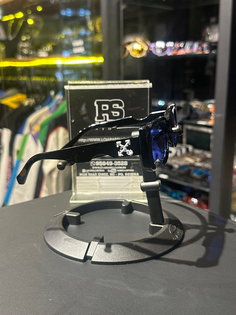 Óculos Off-White Retangular Preto Recortado Logo Branco Lente Azul  - Pronta Entrega