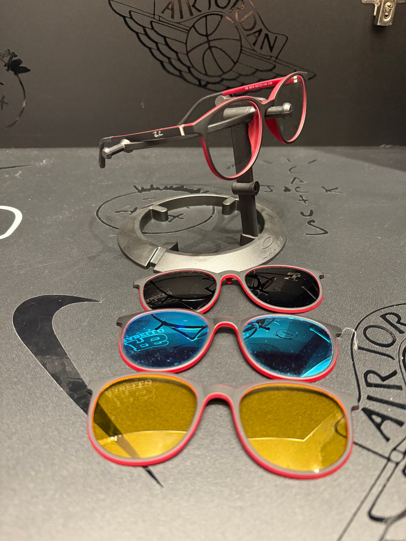Óculos Rayban Redondo Armação Vermelho Preto Clip-On 3 em 1 Multi Cores - Pronta Entrega