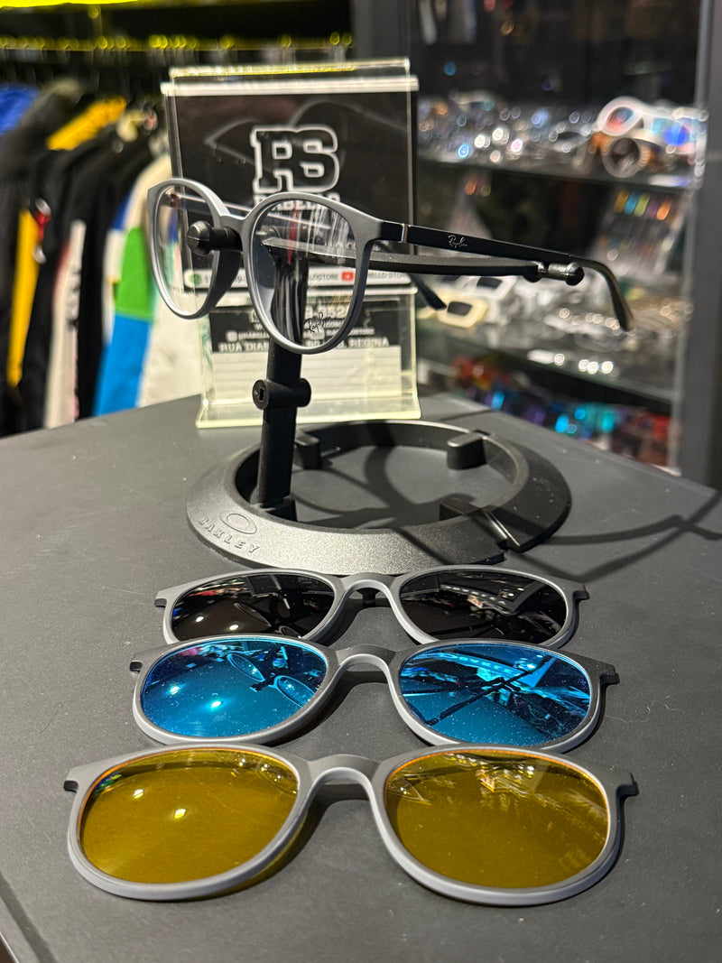 Óculos Rayban Redondo Armação Cinza Preto Clip-On 3 em 1 Multi Cores - Pronta Entrega