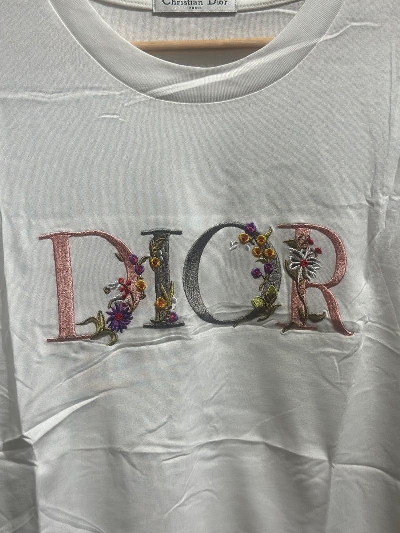 Camiseta Dior Logo Bordado Floral Branca - Pronta Entrega
