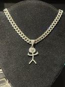 Corrente Cravejada Pingente Stickman Middle Finger Em Zicornia Cubica Prata - Pronta Entrega