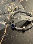 Bracelete Pandora Prata Charm com Berloques Azul e Fecho Prata - Pronta Entrega