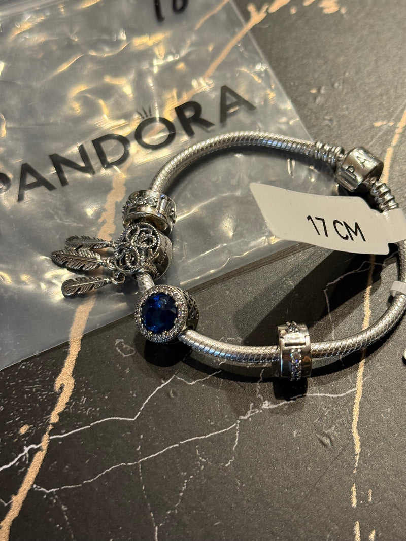 Bracelete Pandora Prata Charm com Berloques Azul e Fecho Prata - Pronta Entrega