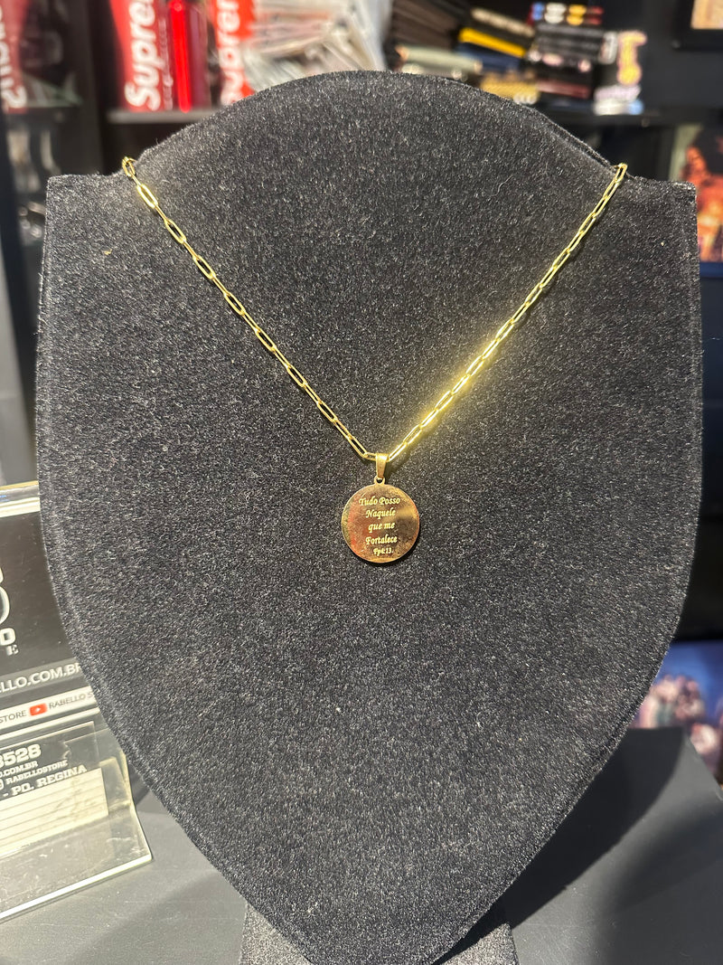 Corrente Cartier Banhada Pingente Circular “Tudo Posso Naquele Que Me Fortalece” 20 CM - Pronta Entrega