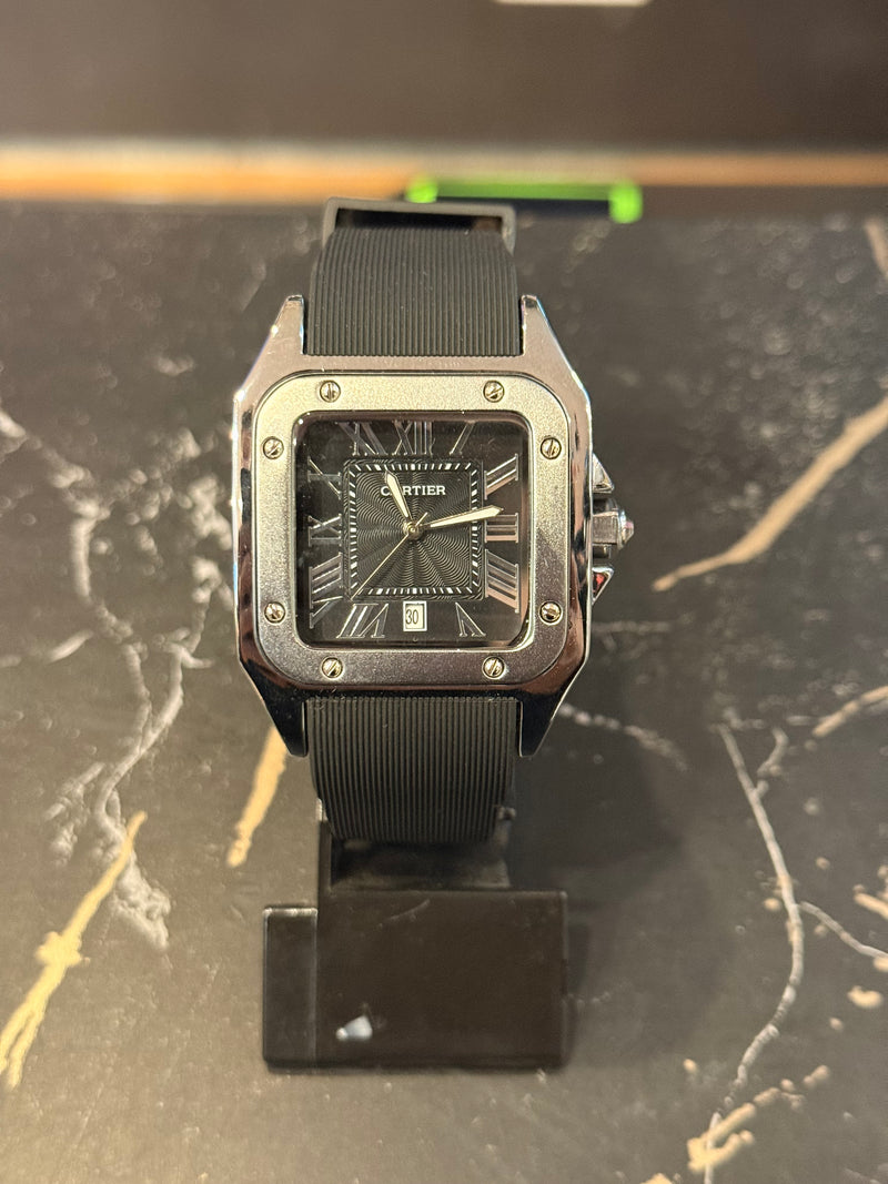 Relógio Cartier Santos Quartzo Silver Fundo Black - Pronta Entrega