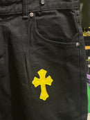 Calça Jeans Preta Chrome Hearts Cruzes Amarelas - Pronta Entrega