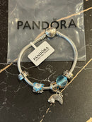Bracelete Pandora Prata com Berloques Azul Céu Brilho Prata 17 CM - Pronta Entrega