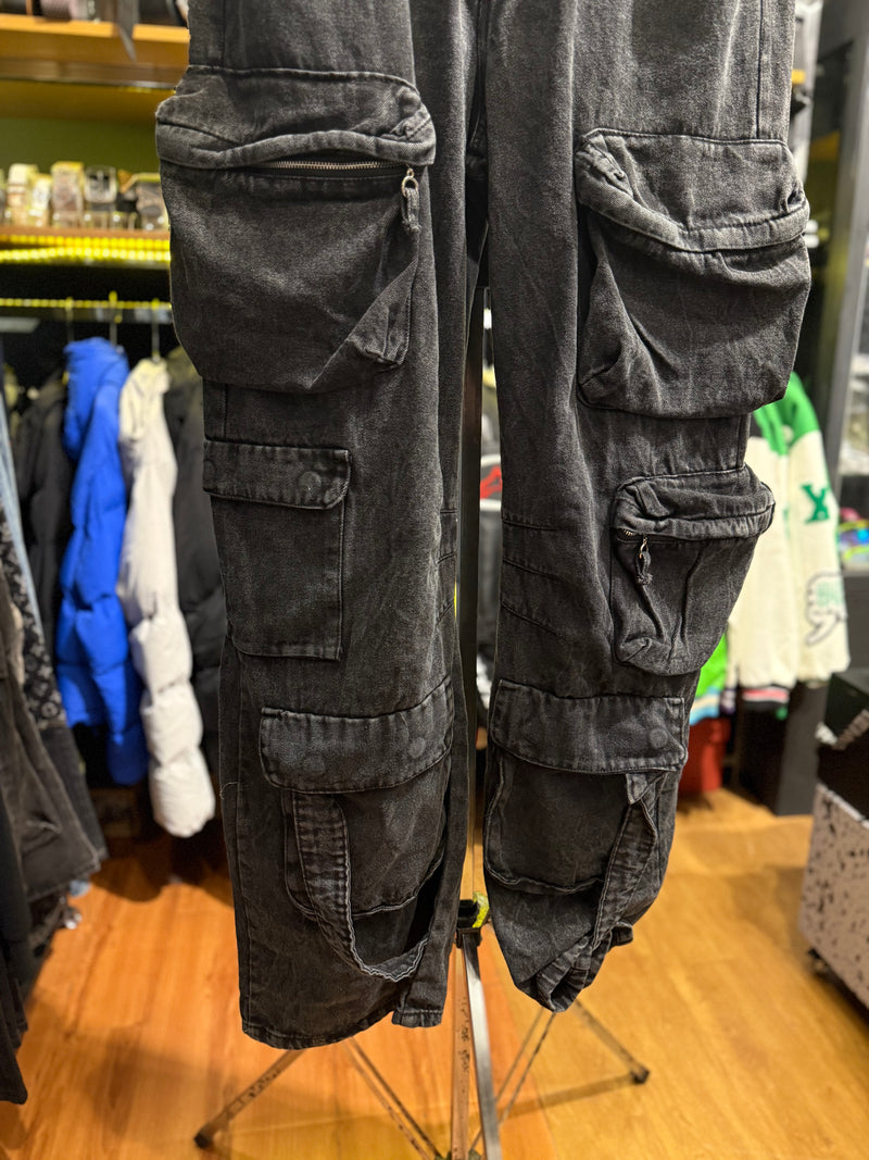 Calça Baggy Utility Cargo Jeans Preto Destonado - Pronta Entrega