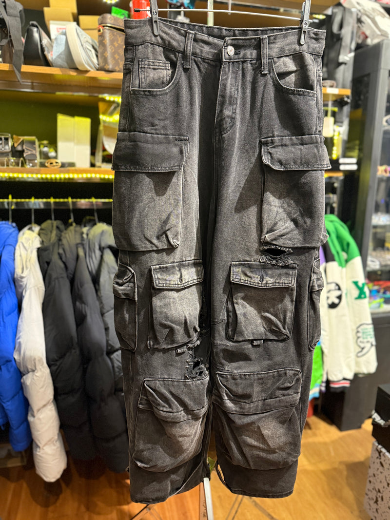 Calça Baggy Utility Cargo Jeans Rasgado Destonado - Pronta Entrega