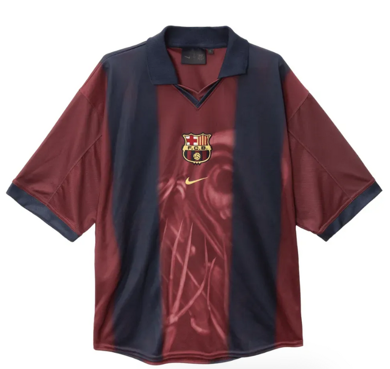 Camisa Barcelona x Travis Scott Skeleton Retrô 2000/2001 Vermelha/Azul - Encomenda Express