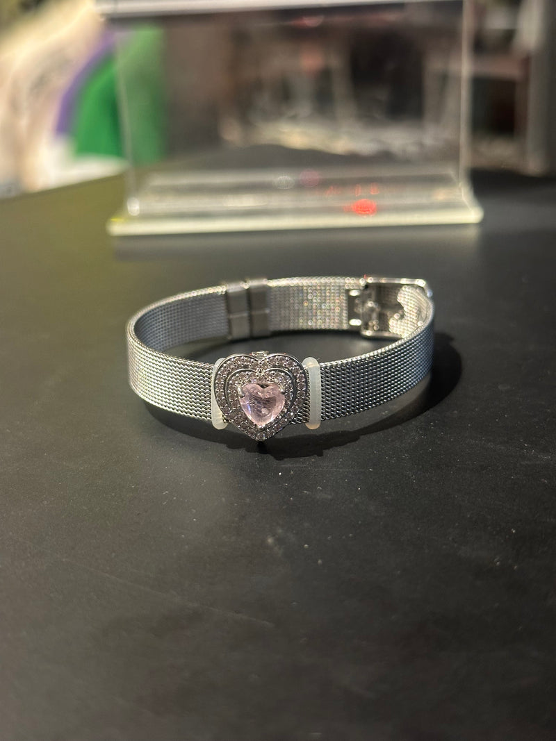 Pulseira Prata Ajustável Pingente Coração Pink - Pronta Entrega