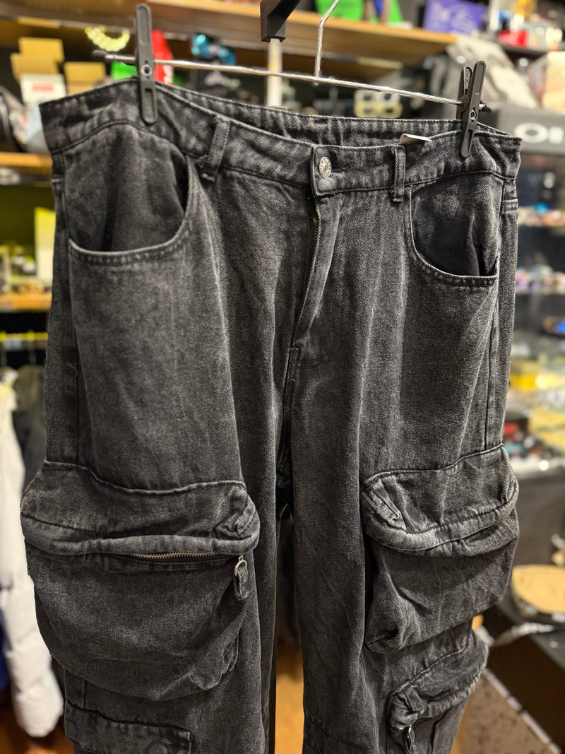 Calça Baggy Utility Cargo Jeans Preto Destonado - Pronta Entrega
