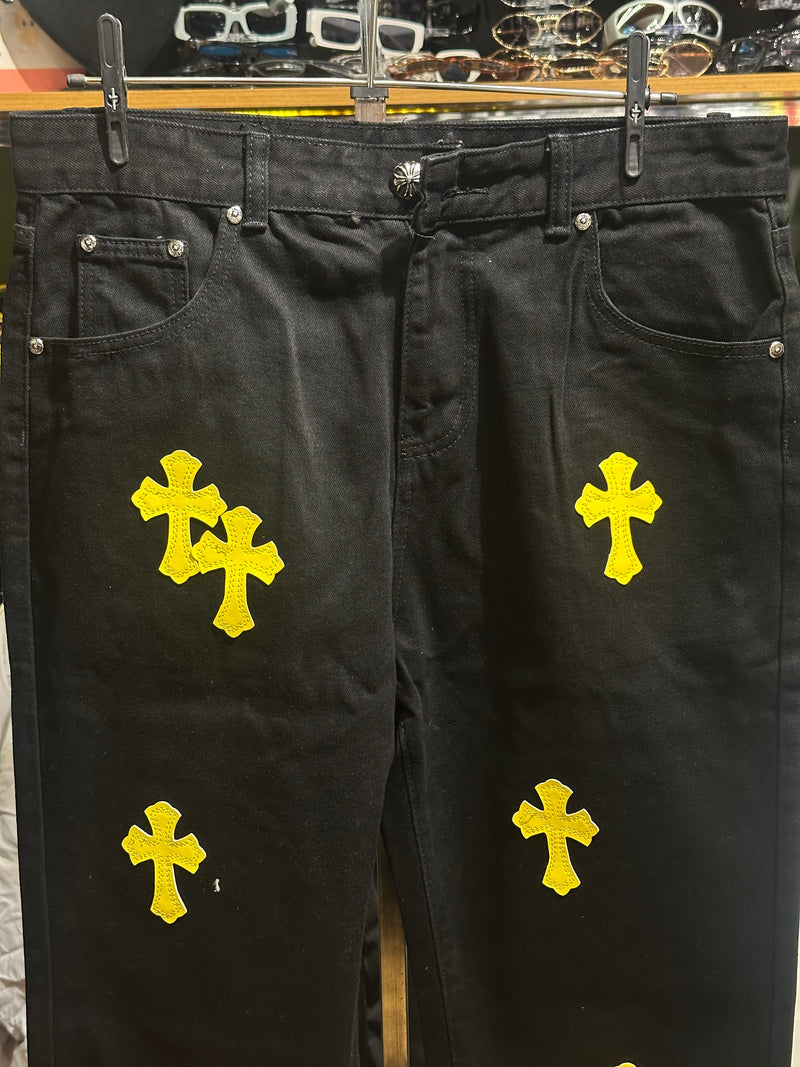 Calça Jeans Preta Chrome Hearts Cruzes Amarelas - Pronta Entrega