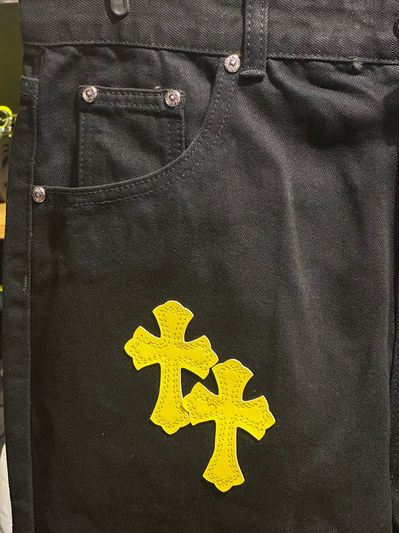 Calça Jeans Preta Chrome Hearts Cruzes Amarelas - Pronta Entrega