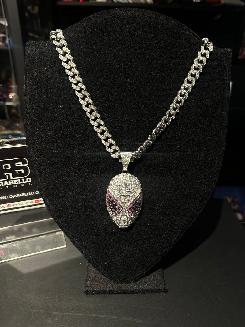 Corrente Cravejada Pingente Spider-Man Em Zicornia Cubica Prata - Pronta Entrega