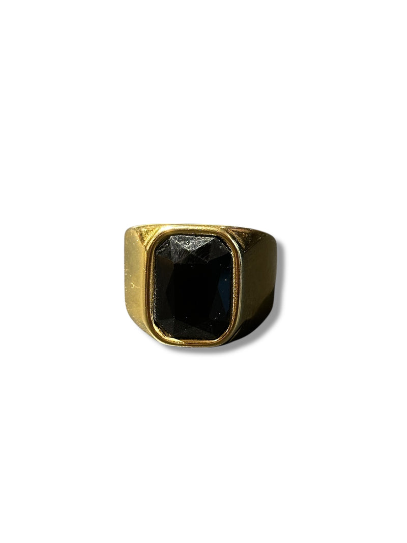 Anel Aço Inoxidável Dourado Pedra Ônix - Pronta Entrega