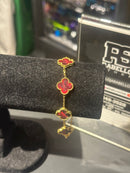 Pulseira Van Cleef Dourada Trevos Vermelho Escarlate 18 + 6 CM - Pronta Entrega