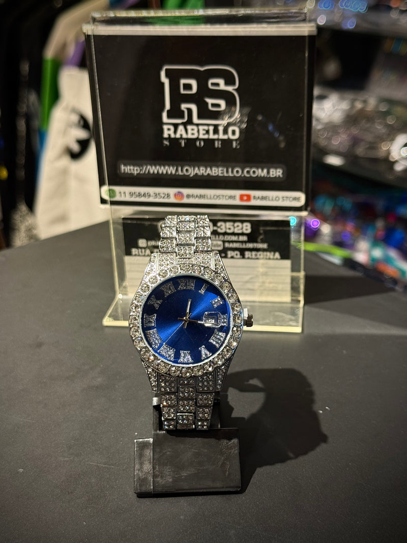 Relógio Cravejado Iced Out Prata Fundo Azul - Pronta Entrega