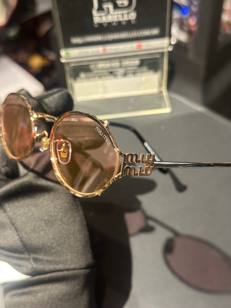 Óculos Miu Miu Redondo Armação Gold/Preto Lente Rose - Pronta Entrega