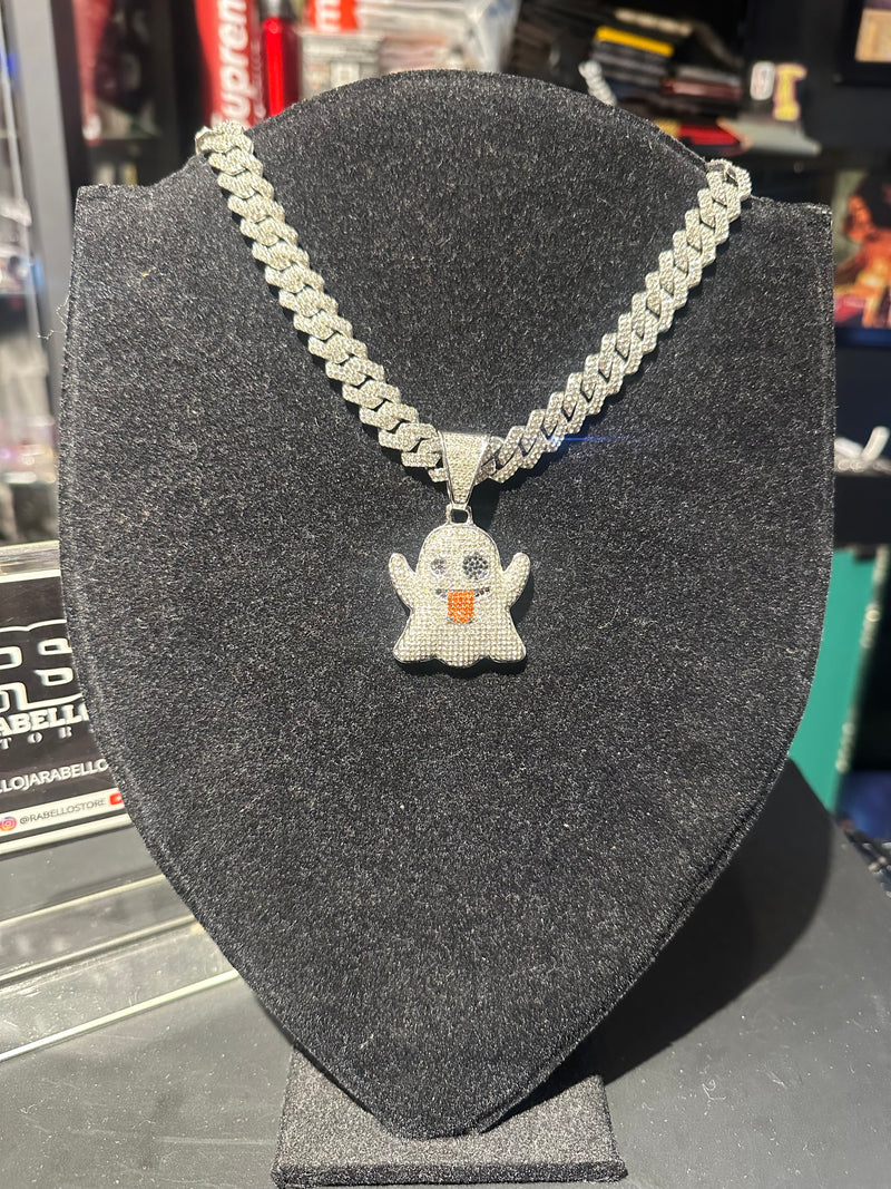 Corrente Cravejada Pingente Ghost Em Zicornia Cubica Prata 40 CM - Pronta Entrega