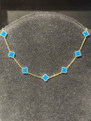 Corrente Van Cleef Dourado Trevos Azuis 45 + 5 CM - Pronta Entrega