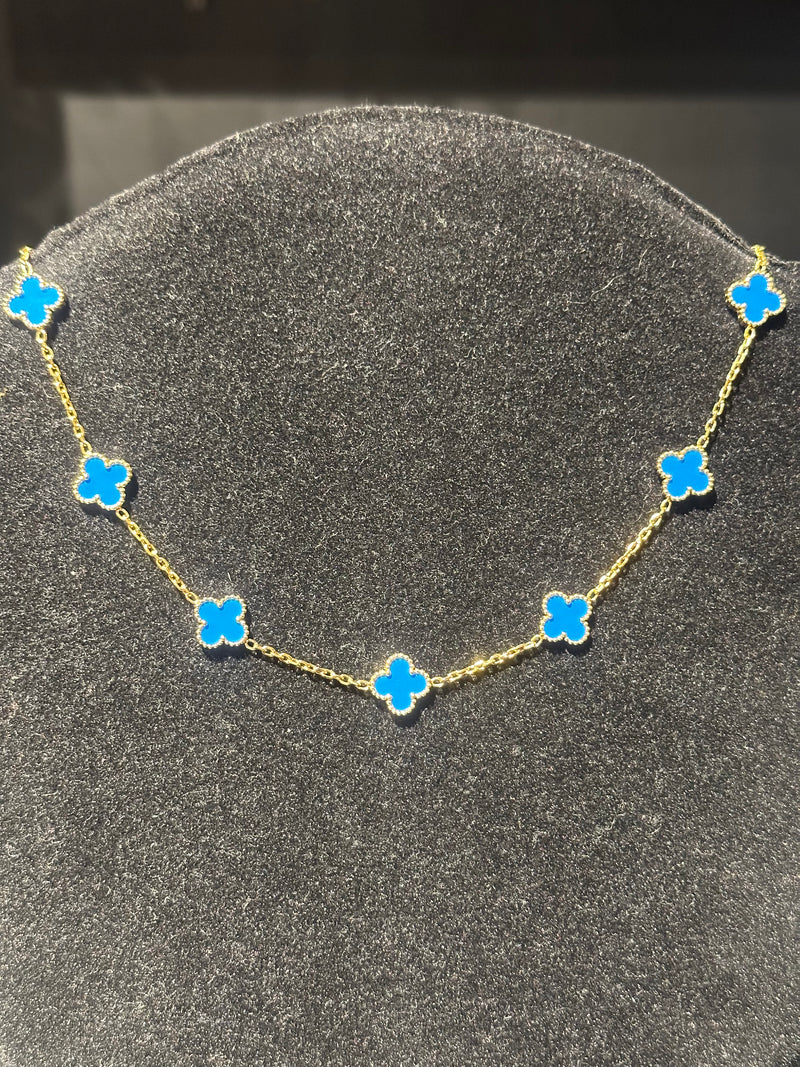 Corrente Van Cleef Dourado Trevos Azuis 45 + 5 CM - Pronta Entrega