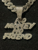Corrente Cravejada Pingente “No Money No Friend” Em Zicornia Cubica Prata 45 CM - Pronta Entrega