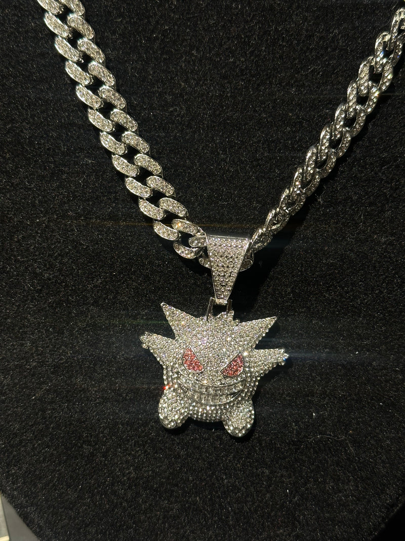 Corrente Cravejada Pingente Gengar Em Zicornia Cubica Prata - Pronta Entrega