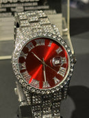 Relógio Cravejado Iced Out Prata Fundo Vermelho - Pronta Entrega