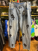 Calça Chrome Hearts Jeans Clara Com Cruz Preto Bordado - Pronta Entrega