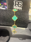 Pulseira Van Cleef Dourada Trevos Verde Listrado 24 CM - Pronta Entrega