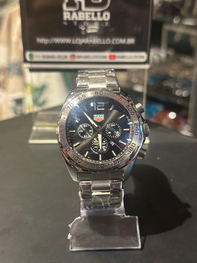 Relógio Tag Heuer Prata Fundo Preto - Pronta Entrega