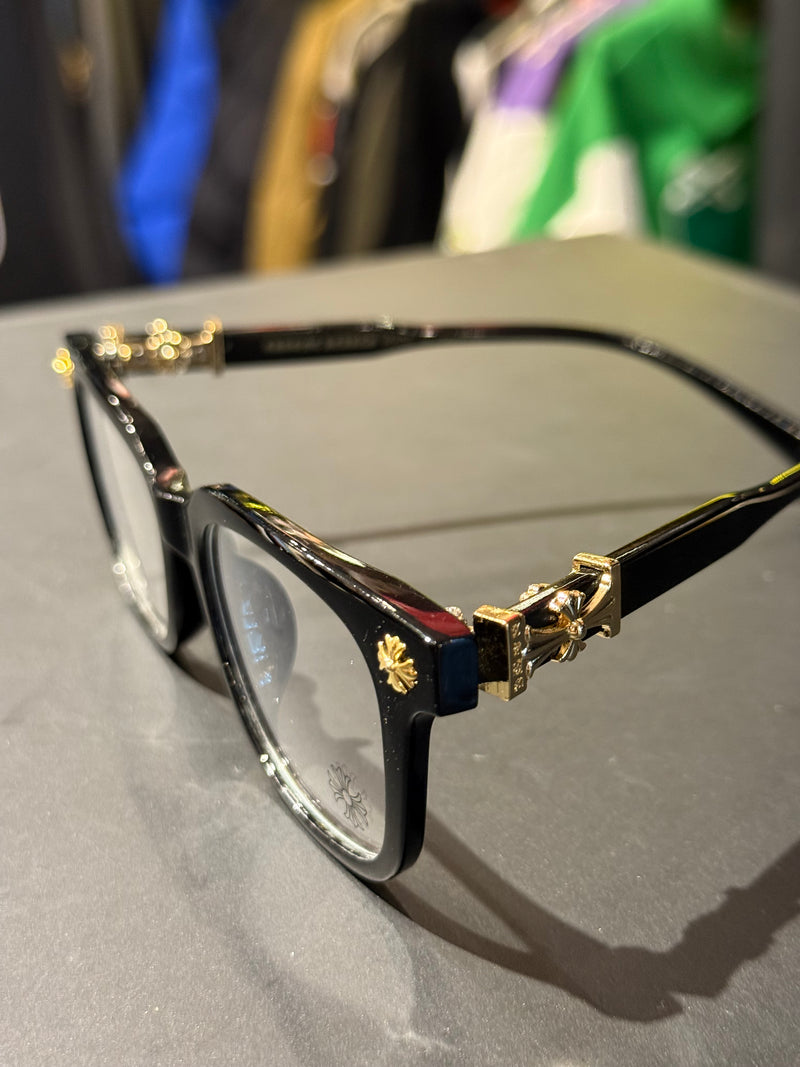 Óculos Chrome Hearts Armação Preto Logo Gold Lente Clear - Pronta Entrega