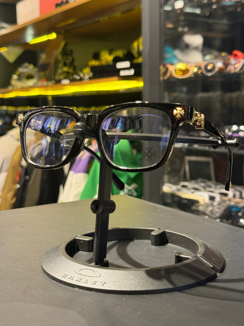 Óculos Chrome Hearts Armação Preto Logo Gold Lente Clear - Pronta Entrega