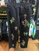 Calça Jeans Preta Chrome Hearts Green & Leopard Cross Patch - Pronta Entrega